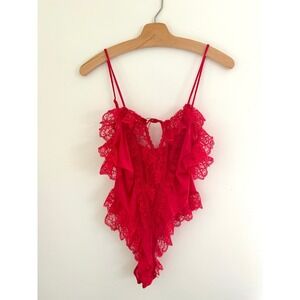 Vintage 80s Coquette Red Lace Ruffle Lingerie Bodysuit Teddy M